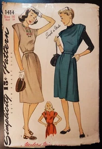 UNUSED RARE VINTAGE 1940's SIMPLICITY SEWING PATTERN 1414 DRESS BUST 34" - Picture 1 of 2