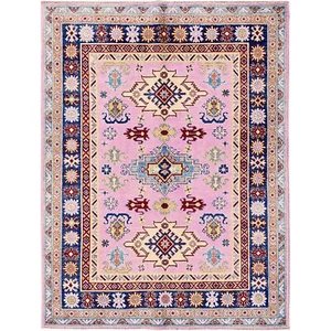 5'x6'7" Aurora Pink Kazak with Geometric Design Hand Knotted Pure Wool Rug R334 - Picture 1 of 7