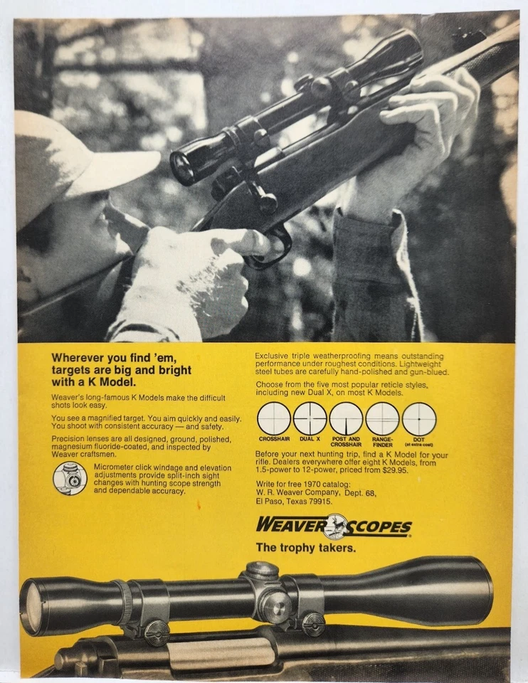 1970 Прицелы Weaver Винтовка Охотничье Оружие Винтажная Печатная Реклама Man Cave El Paso TX 70-е - Изображение 1 из 1