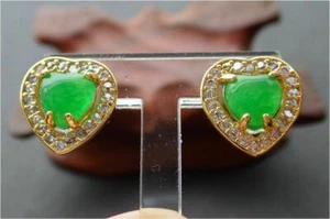 Green Jade Cabochon Love Heart Imitation Diamond Yellow Gold Plate Stud Earrings - Picture 1 of 6