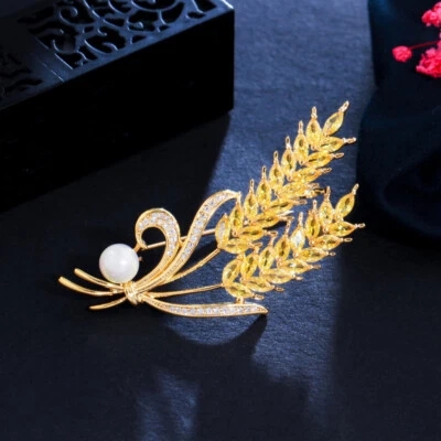 Mujer Disfraz Chapado en Oro Perla Broche Prendedor Circonita Cúbica Trigo Boda Joyería Foto 1 de 4