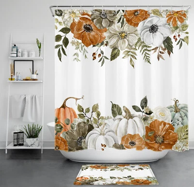Green Leaf Orange Floral Pumpkin Fall Shower Curtain Set for Bathroom Decor - Image 1 of 4