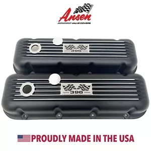 Big Block Chevy 396 Flag Logo Valve Covers, Classic Finned - Black - Ansen USA - Foto 1 di 6