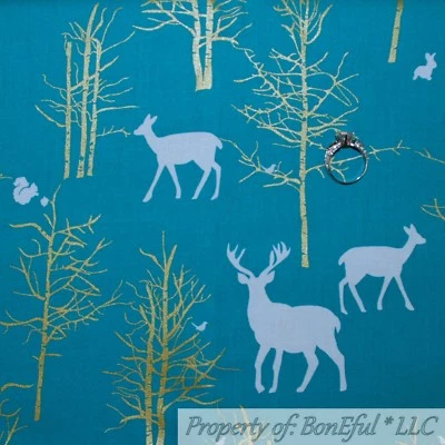 BonEful FABRIC FQ Cotton Quilt Green Blue Gold Metallic Xmas Tree Deer Buck Bird - Image 1 of 4