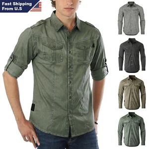 ZIMEGO Mens Military Shirt - Long Sleeve Stretch Casual Button Down for Men - Picture 1 of 30