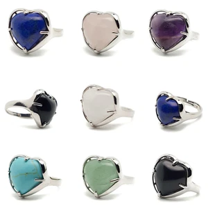 Ring Gemstone Heart Chakra Natural Crystal Adjustable Cocktail Silver Plated - Picture 1 of 121