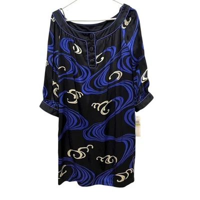 Maggie London 100% Silk 3/4” Sleeve Shift Dress Black Blue Mini NWT Womens 14 - Image 1 of 4