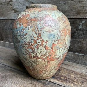 Large Pottery Centerpiece Vase Rustic Ancient Finish 12” Tall Tan Rust Blue - Picture 1 of 15