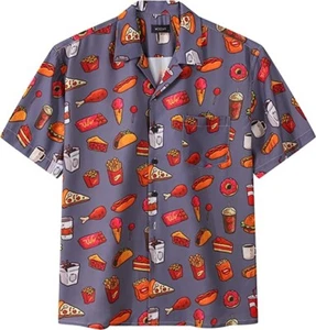 MCEDAR Hawaiian Shirt Mens LARGE Short Sleeve Polyester FOOD PRINT, PIZZA FRIES - Picture 1 of 3