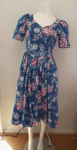 Vintage 1980s LAURA ASHLEY Blue Floral Dress SIZE 8 Extra Small Pink Full Skirt - Picture 1 of 24
