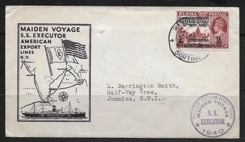 BURMA US 1940 C0VER ON MAIDEN VOYAGE OF S.S. EXECUTOR POSTED AT RANGOON HALF WAY Cover