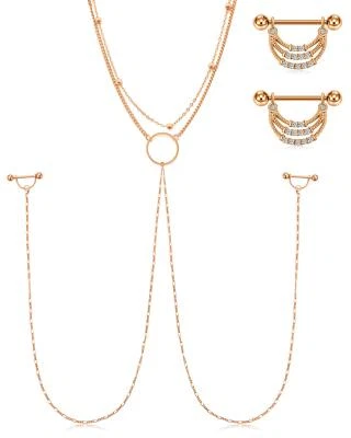 3Stk Brustwarzenpiercing Nippel Ring Edelstahl mit Kette Halskette Herz Zirko... - Bild 1 von 4