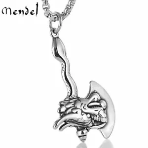 MENDEL Mens Viking Dragon MC Biker Axe Pendant Necklace For Men Stainless Steel - Picture 1 of 6