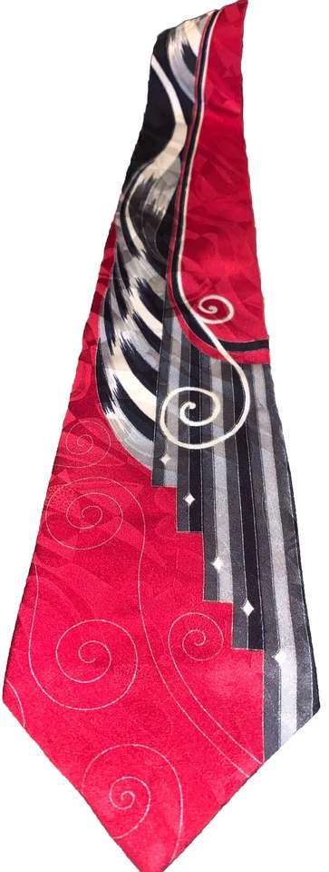Gravata de seda masculina italiana Gianfranco Ruffini padrão abstrato vermelha, cinza 56 pol. de comprimento - Imagem 1 de 4