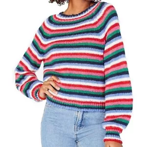 Crave Fame Women's Aqua Combo Fluffy Striped Long Sleeve Pullover Sweater Sz XS - Picture 1 of 7