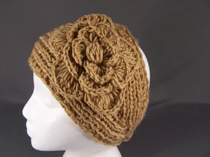 Camel Brown soft flower ear warmer muff knit head wrap hat headband crochet - Picture 1 of 7