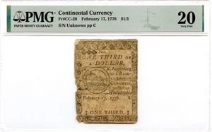 Continental Currency Fr#CC-20 February 17, 1776 $1/3 PMG VF-20 *Fugio Note* - Picture 1 of 2