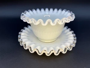 Fenton Silver Crest Ruffle Bowl & Saucer Set 1950s Milk Glass Clear Crest Vintag - Picture 1 of 12