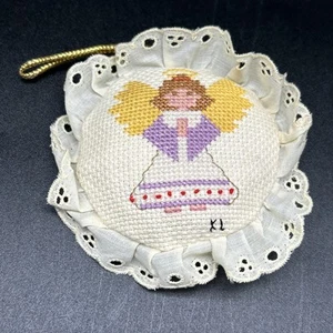 Vintage Handmade Ornament Angel Needlepoint Plush Christmas Ruffle Kitschy  - Picture 1 of 6
