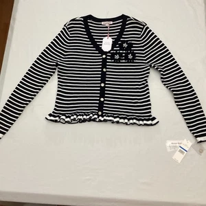 Nanette Lepore Strickjacke Pullover XL schwarz weiß gestreift Rüschenbesatz Blumen - Bild 1 von 11