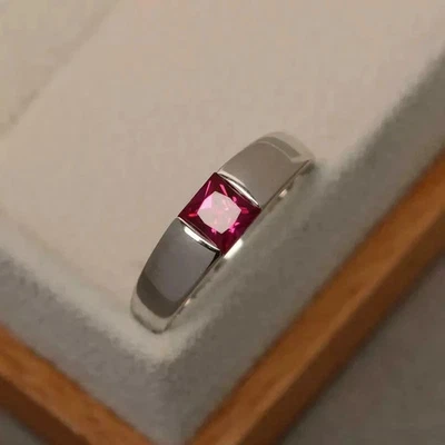 1Ct Princess Cut Lab-Created Pink Ruby Men's Wedding Ring 14k White Gold Plated - Image 1 of 4