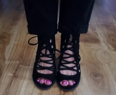 Vince Camuto Black Suede Bootie, Lace-up Peep Toe, Size 8, VC-Tressa, Excellent  - Image 1 of 4