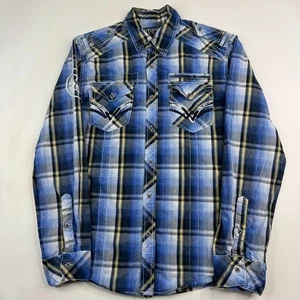 Affliction Premium Mens Large Slim Fit Blue Plaid Live Fast Embroidery Shirt - Picture 1 of 17