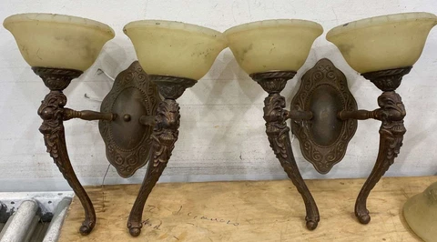 2- Vintage DOUBLE LAMP...... WALL SCONCES Electric Cast Metal Lights Lamps Cover