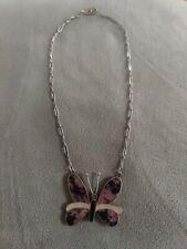 Vintage Zuni Rhodonite Onyx Sterling Silver 925 Butterfly Necklace 