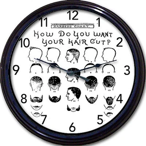 Barber Shop Salon Chart Wall Clock Hair Stylist Barber Beard Mustache New 10" - Picture 1 of 1