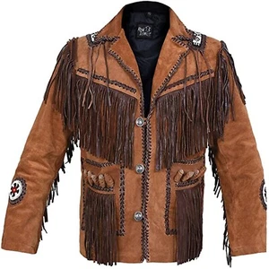Men's Classic Western Style Cowboy Fringe American Native Suede Leather Jacket - Picture 1 of 5