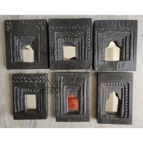 Old Indian Black Finish Temple Mirror Antique Furniture Reclaimed Mirror Decor Cover