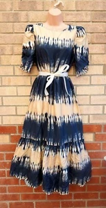 NEXT BLUE BEIGE TIE DYE PUFF SHORT SLEEVE SKATER MIDI BELTED VTG DRESS 8 S - Picture 1 of 9