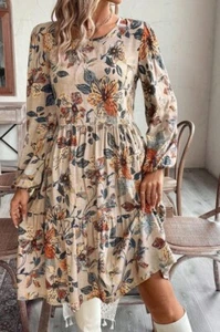 Women Floral Print Round Neck Lantern Sleeve Ruffle Hem Casual Dress Size M - Picture 1 of 7