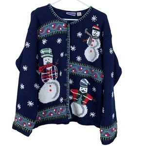 Vintage North Crest Women’s Blue Knit Snowman Cardigan Sweater - Size Large - Picture 1 of 8