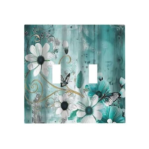 Decorative Switch Plate Covers Turquoise Flowers and Butterflies Rustic Teal ... - Picture 1 of 8