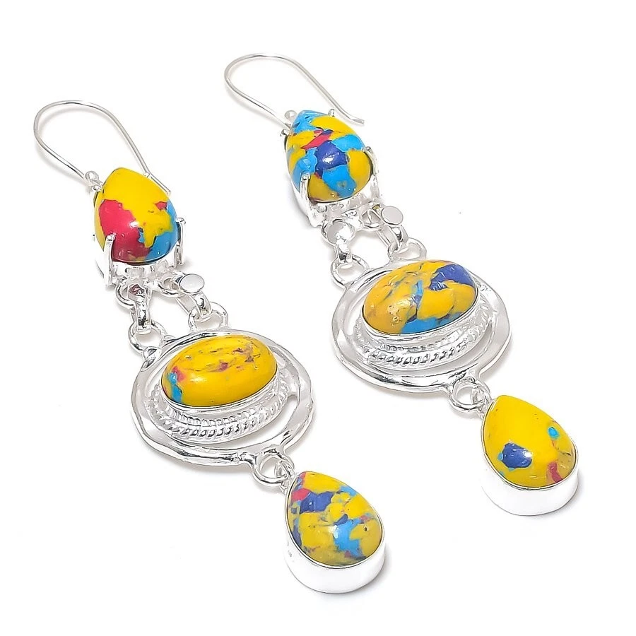 Mosaic Jasper Gemstone Handmade 925 Sterling silver Earring Size 3.25'' - Image 1 of 1