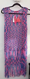 Pretty Resort Tape Yarn Pink & Blue Crochet Beach Longline Waistcoat Size 8-10 - Picture 1 of 8