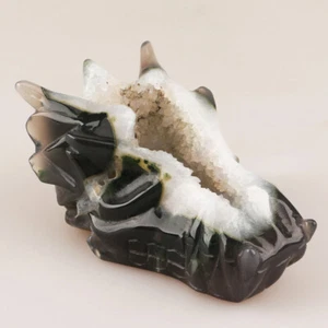 4,5 Zoll natürliche Geode Achat Kristall Quarz Drachenkopf Schädel handgeschnitzt 419g - Bild 1 von 8