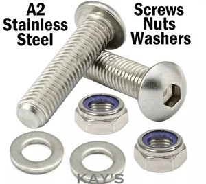 M4 M5 M6 Button Head Screws With Nyloc Nuts and Washers A2 Stainless Steel Bolts - Picture 1 of 6