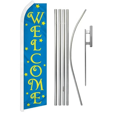Welcome (Stars Blue) Swooper Flutter Feather Advertising Flag & Pole Kit - Image 1 of 4
