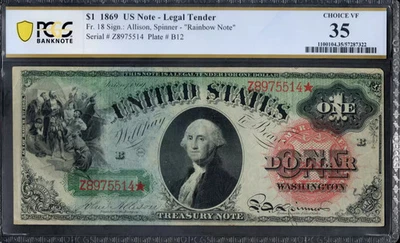 $1 1869 Licitación Legal Fr. 18 RAINBOW ACE con GRAN COLOR + PCGS barato Ch VF 35 Foto 1 de 2
