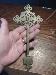Antique Ethiopian processional Coptic Gothic orthodox brass cross, 1850-1920 11" - Picture 1 of 6