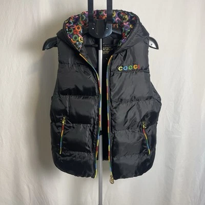 COOGI Unique Puffer Vest  Women’s Sz Medium Black With Rainbow Logo Hood Zip Up - Image 1 of 4