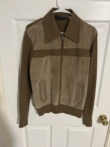Chaqueta Suéter de Gamuza Sajonia De Colección Para Hombre Mediana Tejida Cuero Tostado Cremallera Completa - Imagen 1 de 15