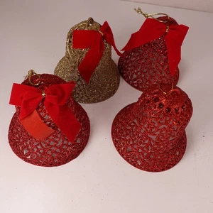 Glitter Bell Holiday Ornament Red Gold Metal 5 Inch Decorative Bow - Picture 1 of 5