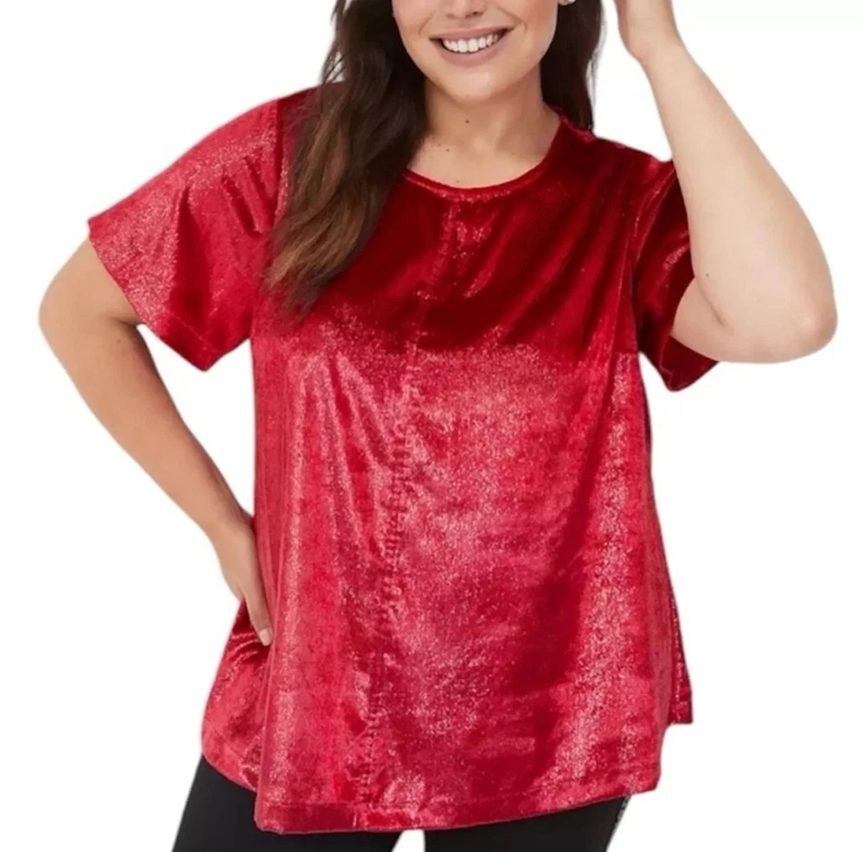 Top Lane Bryant para mujer rojo brillante vacaciones manga corta terciopelo suave talla grande 22 Foto 1 de 4