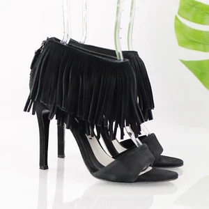 Alice Olivia Womens Giulia Sandal Size 37 7 Black Suede Fringe Ankle Strap Heel - Picture 1 of 16
