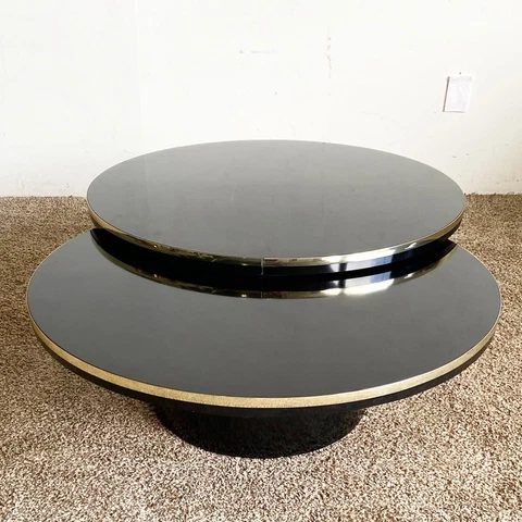 Postmodern Black Lacquer Laminate Two Tier Swivel Coffee Table With Gold Trim Cover