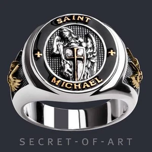 Saint St Michael Ring Archangel Catholic Silver 925 24K-Gold-Plated Religious - Picture 1 of 12
